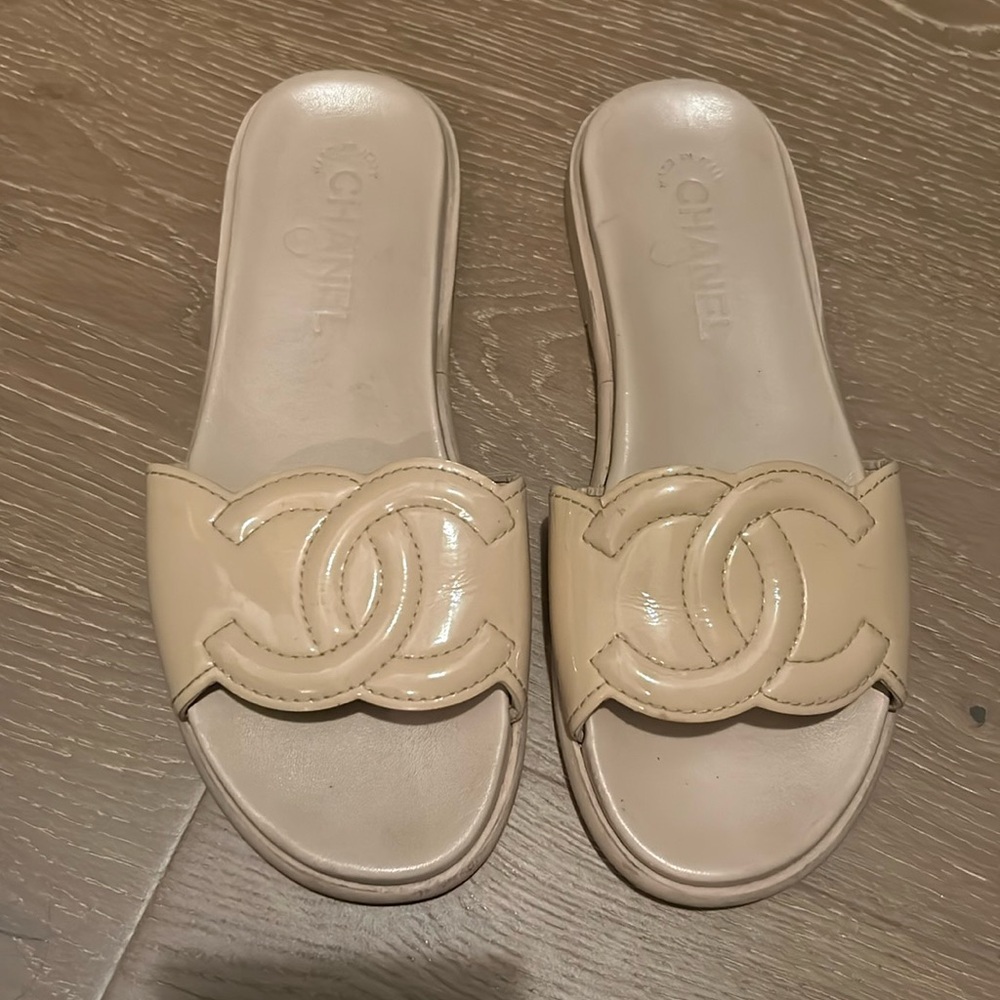 Chanel logo slide sandals